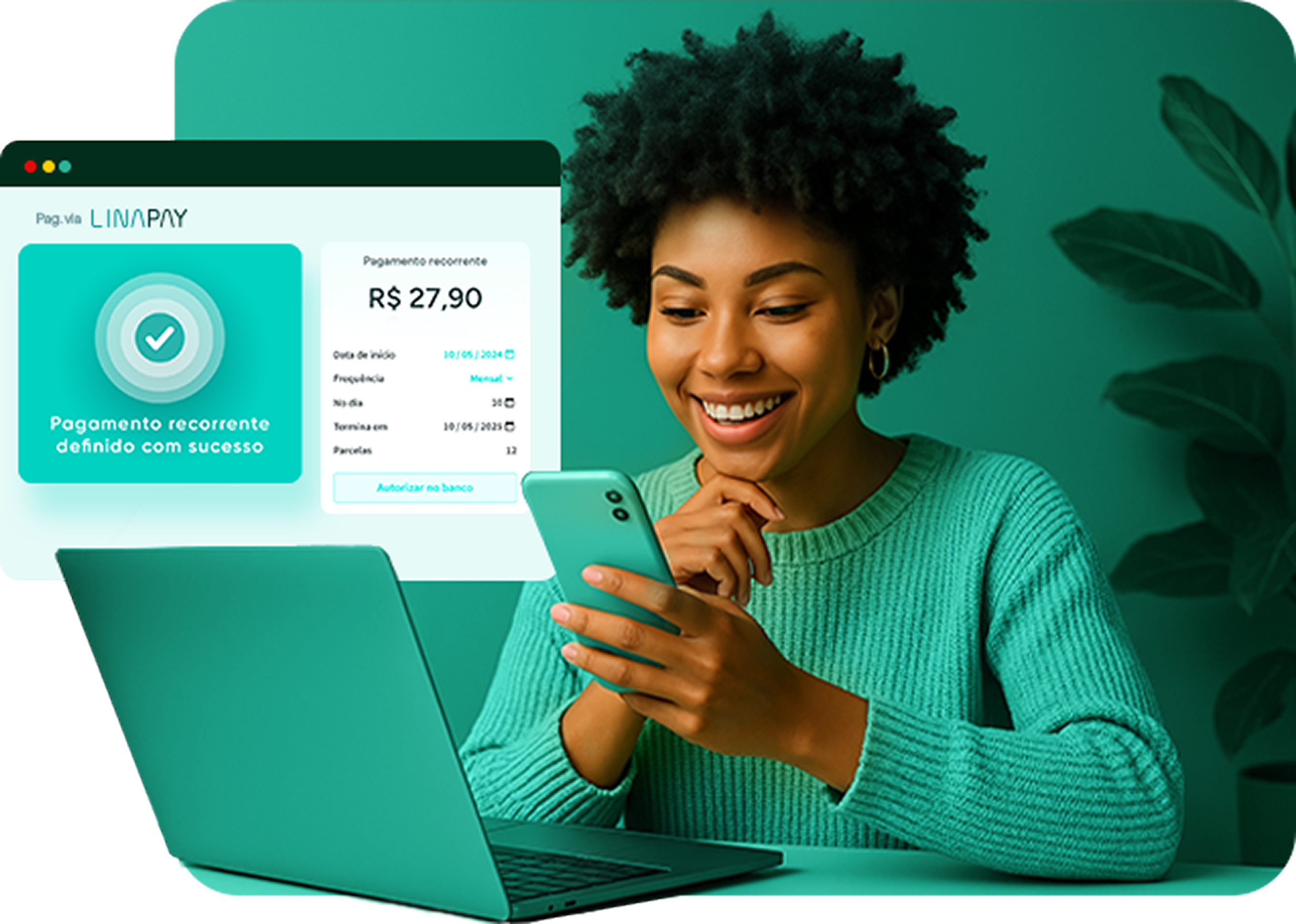 Demonstração do Lina Pay com interface do aplicativo e usuária sorrindo usando celular